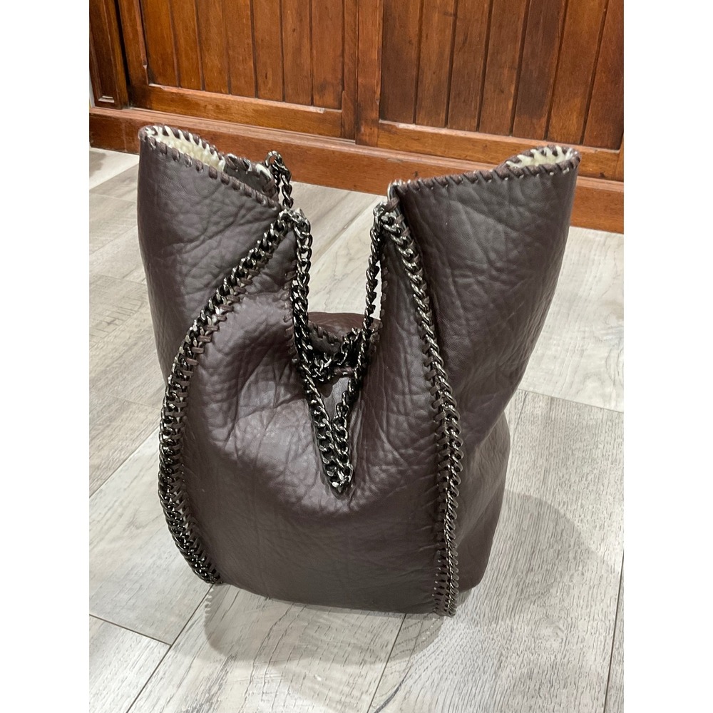 Moda luxe Brown Pebble Leather Shearling Lined Chain Trim Tote Bag Hobo - Picture 3 of 4